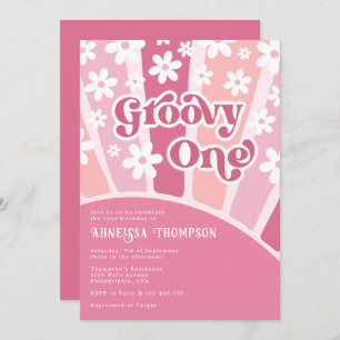 Pink Groovy One Retro Flowers Girls Birthday Invitation