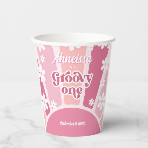 Pink Groovy One Retro Rainbow Daisy First Birthday Paper Cups