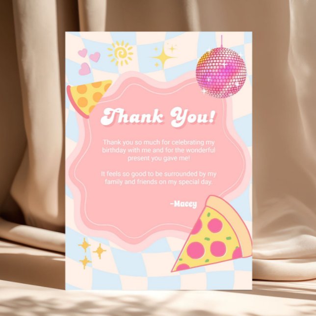Pink Groovy Pizza Party Thank You Card (pizza birthday thank you card, pizza party thank you card, retro birthday thank you card, groovy bir)