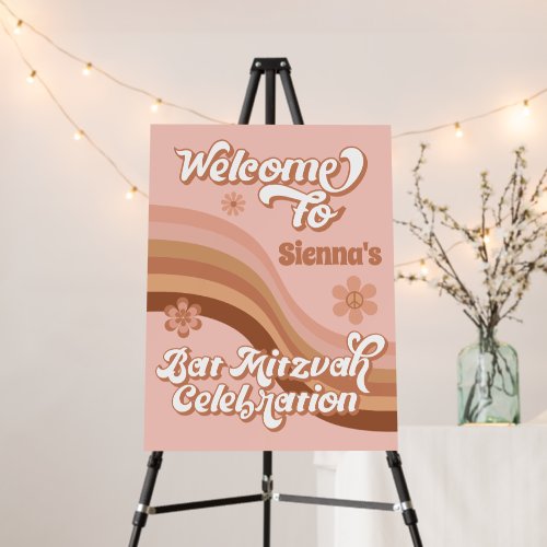 Pink Groovy Retro Bat Mitzvah Name Welcome Sign
