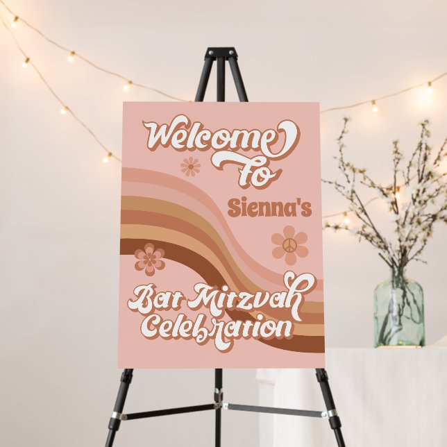 Pink Groovy Retro Bat Mitzvah Name Welcome Sign (In Situ (Stand))
