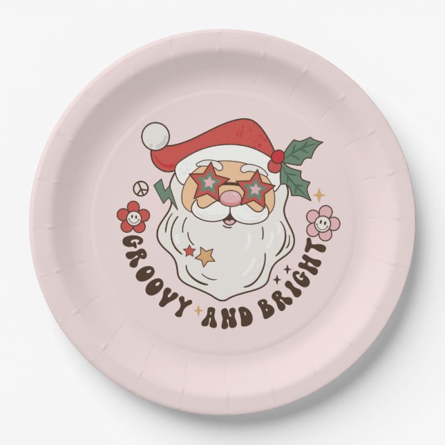  Pink Groovy Retro Christmas  Paper Plates (Front)
