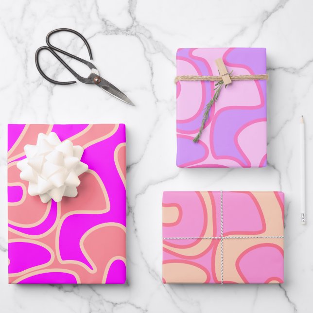 Pink Groovy Retro Fluid Art Unique Wrapping Paper Sheets (Front)