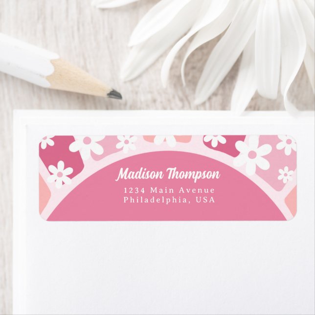 Pink Groovy Retro Rainbow Daisy Name Label (Insitu)