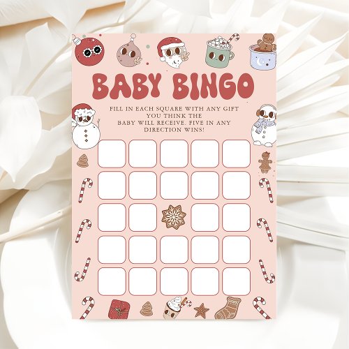 Pink Groovy Santa Christmas Baby Shower Bingo Game Invitation