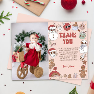 Pink Groovy Santa Christmas Girl 1st Birthday Thank You Card