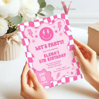 Pink Groovy Smile Face Retro Birthday Invitation