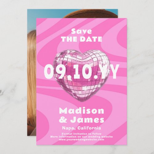 Pink Groovy Trendy Modern Disco Heart Photo Save The Date