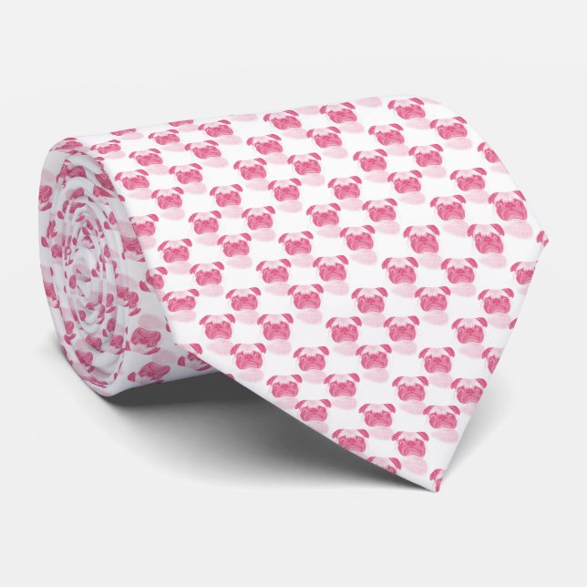 PINK Grumpy Pug Pattern Neck Tie (Rolled)