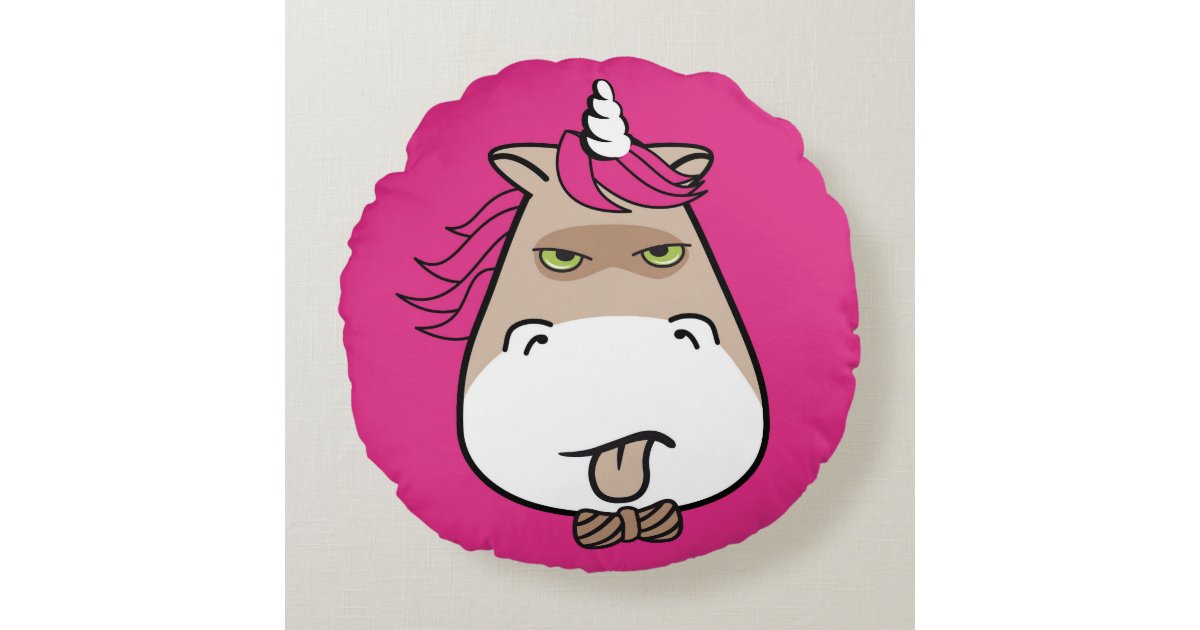 Pink grumpy unicorn emoji smiles round pillow