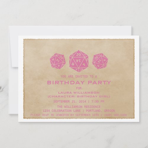 Pink Grunge D20 Dice Gamer Birthday Party Invite