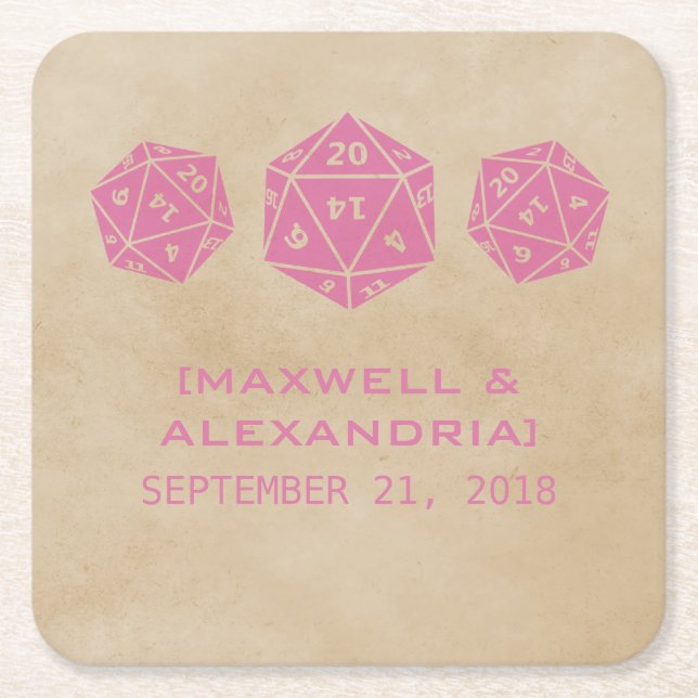 Pink Grunge D20 Dice Gamer Paper Coasters (Front)