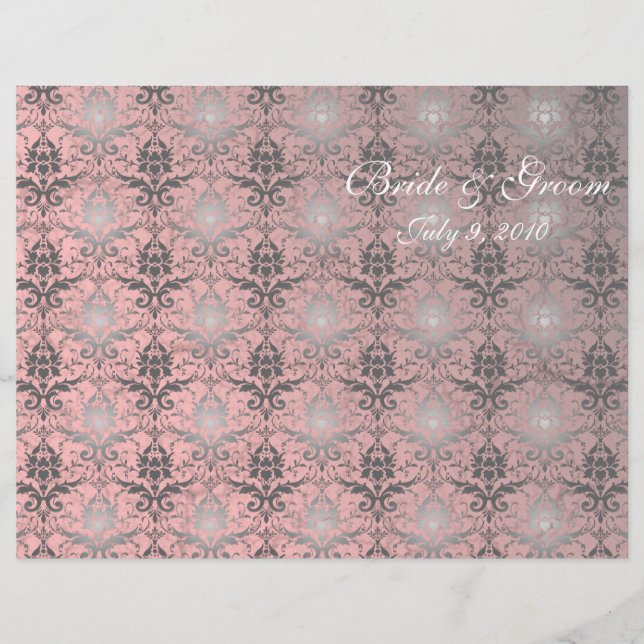 Pink Grunge Damask Folded Wedding Program (Front)