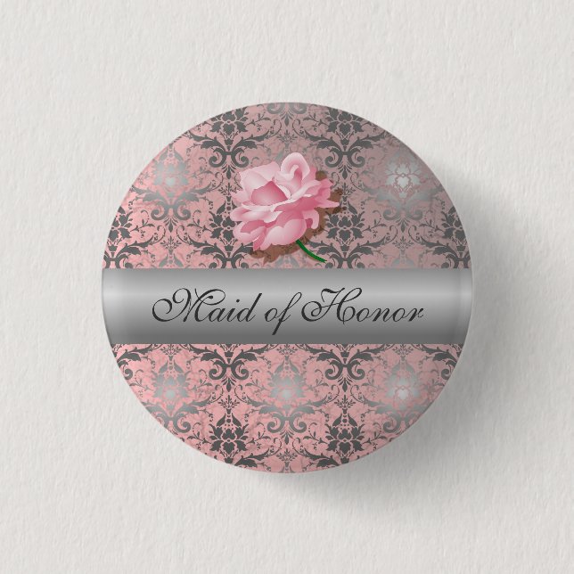 Pink Grunge Damask Maid of Honor Button (Front)