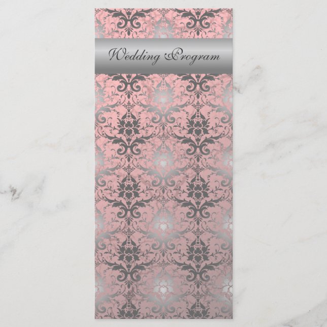 Pink Grunge Damask Wedding Program Card (Front)