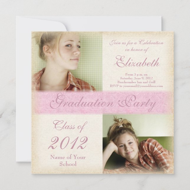 Pink Grunge Girl's High School Graduation Invites (Front)
