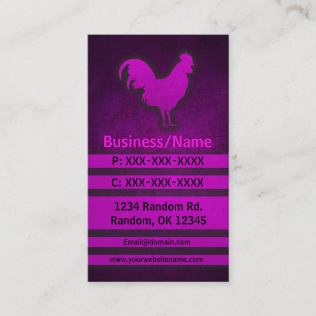 Pink grunge rooster chicken custom business cards (Front)