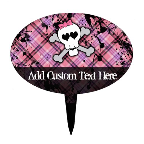 Pink Grunge Skull w Crossbones Hearts Cake Topper