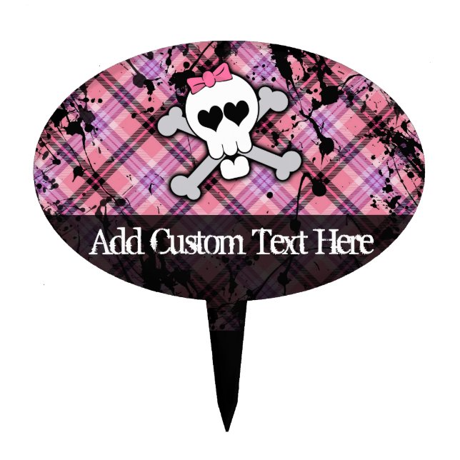 Pink Grunge Skull w/ Crossbones Hearts Cake Topper (Front)