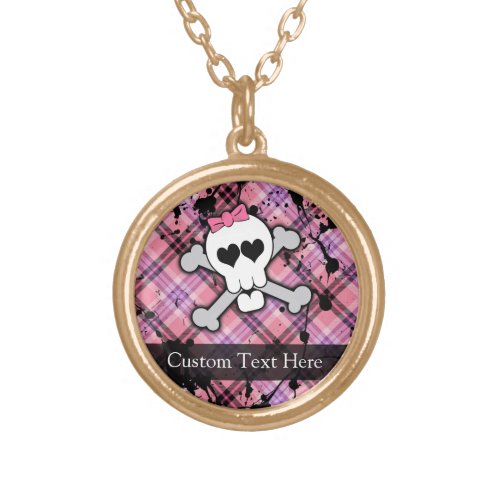 Pink Grunge Skull w Crossbones Hearts Gold Plated Necklace