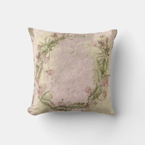 Pink Grungy Rose Ivory Floral Cottage Wall Gold Throw Pillow