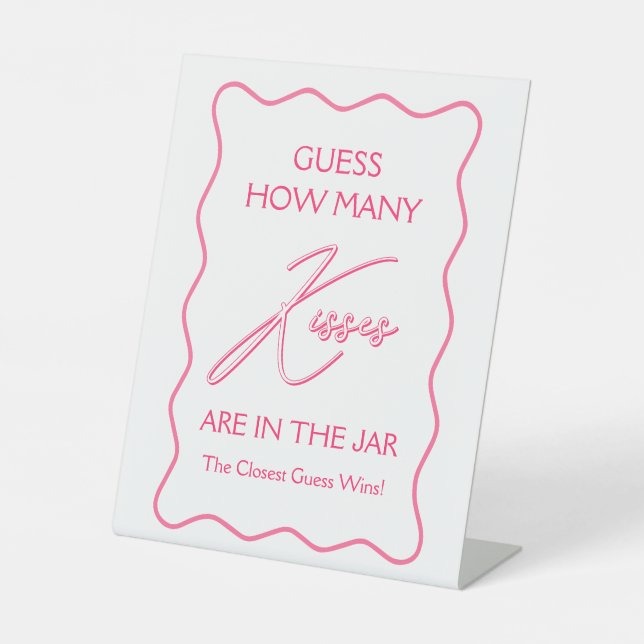 Pink Guess How Many Kisses Bridal Shower Game Pedestal Sign (Front)