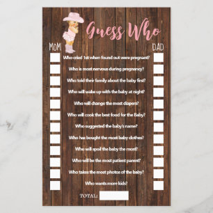 Pink Guess Who Cowgirl Baby Shower Game Card Flyer