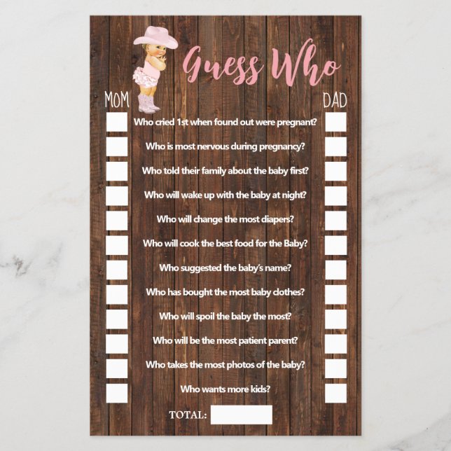 Pink Guess Who Cowgirl Baby Shower Game Card Flyer (Front)