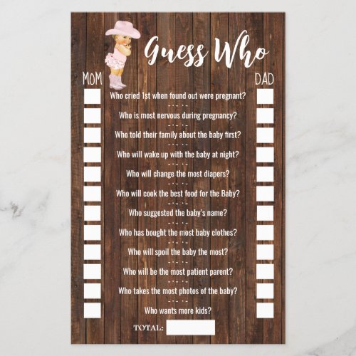 Pink Guess Who Cowgirl Baby Shower Game Card Flyer