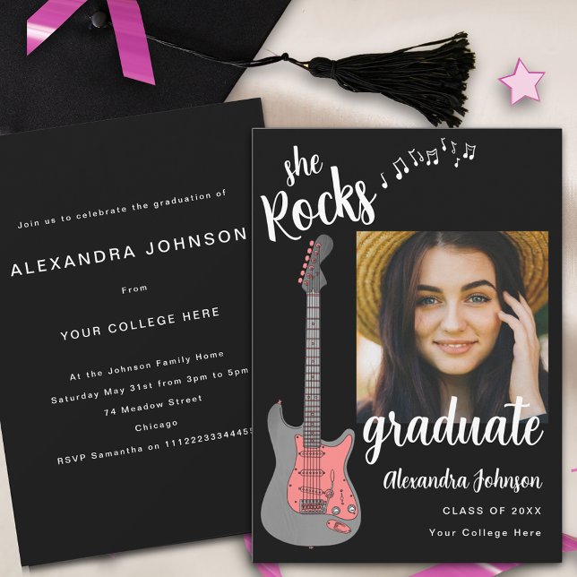 Pink Guitar Grad Photo White Script Grad Party Invitation (Fun pink guitar black and white modern script graduate photo graduation party invitation )