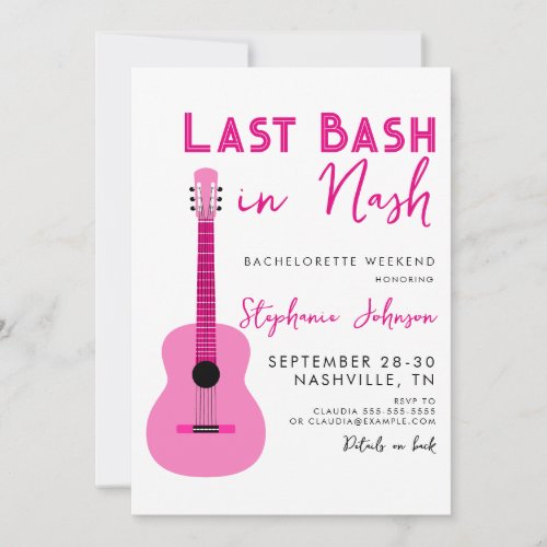 Pink Guitar Last Bash in Nash Bachelorette   Invitation