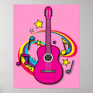 Pink Guitar with Music and Rainbow Poster