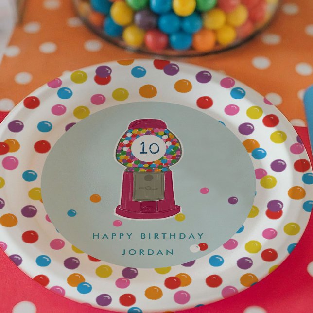 Pink Gumball Machine Candy Bubble Gum Birthday Paper Plates (Retro gumball machine birthday party with colorful gumball candy personalized paper plates.)