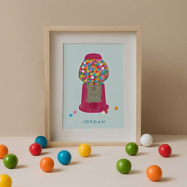 Pink Gumball Machine Candy Bubble Gum Personalized Poster (Pink retro gumball candy machine mint blue personalized kids art print.)