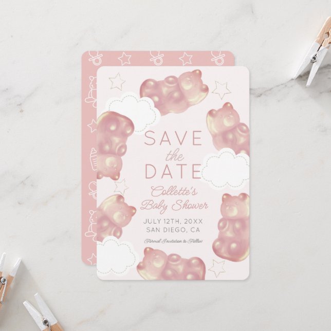 Pink Gummy Bear Baby Shower Save the Date Card (Front/Back In Situ)