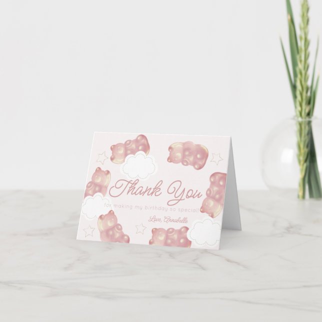 Pink Gummy Bear Girl Birthday Thank You Card (Front)