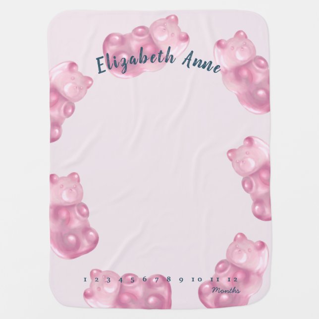 Pink Gummy Bear Monthly Milestone Baby Blanket (Front)