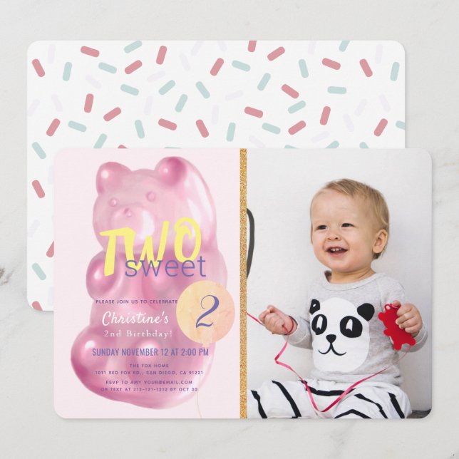 Pink Gummy Bear Two Sweet Girl Photo 2nd Birthday Invitation (Front/Back)