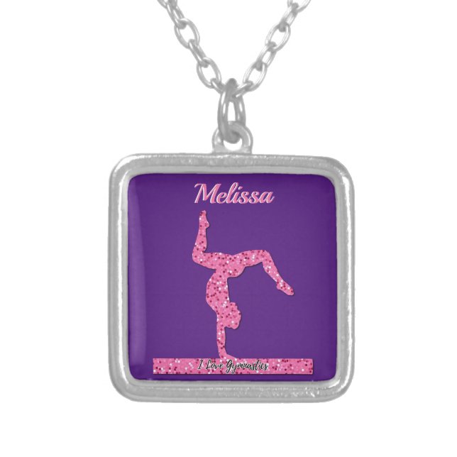 Pink Gymnastics Girl Sparkle Balance Beam Silver Plated Necklace (Front)