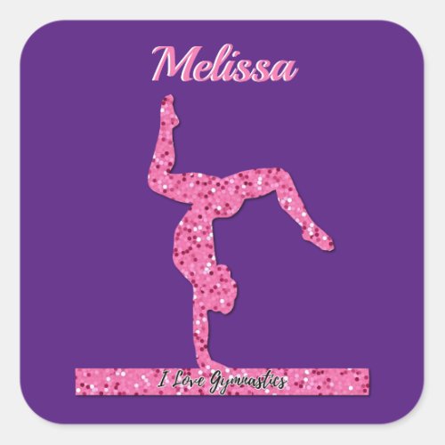 Pink Gymnastics Girl Sparkle Balance Beam Square Sticker