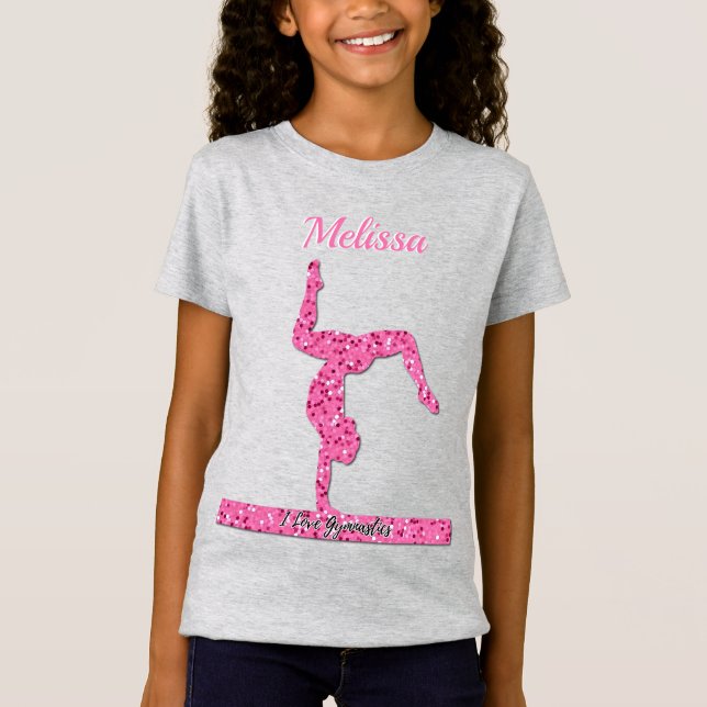 Pink Gymnastics Girl Sparkle Balance Beam T-Shirt (Front)