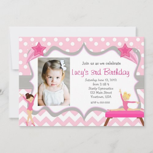 Pink Gymnastics Party Birthday Invitation
