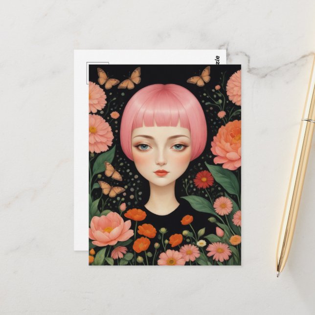 Pink Hair and Flowers Postcard (Front/Back In Situ)