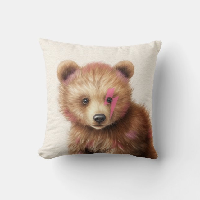 Pink Hair Bear Nursery Throw Pillow (Front)