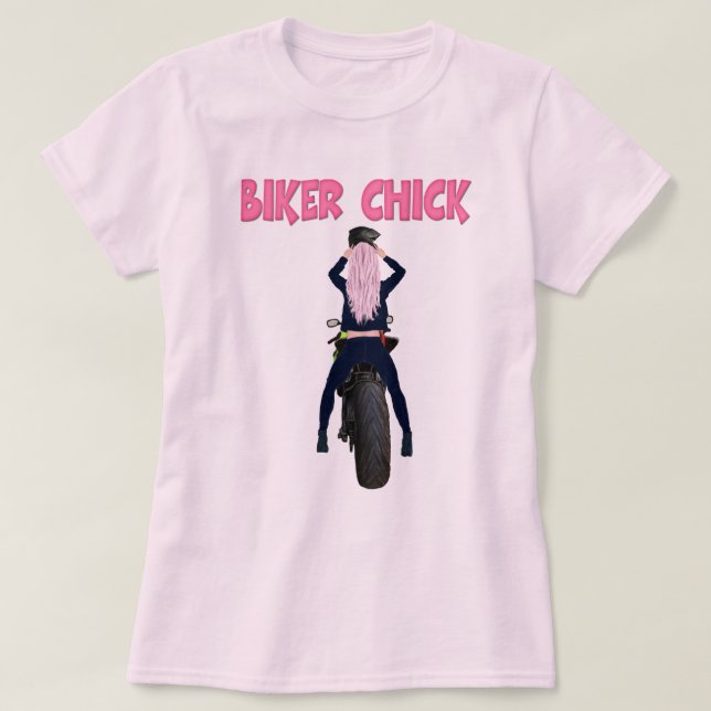 Pink Hair Biker Chick Motorcycle T-Shirt (Design Front)