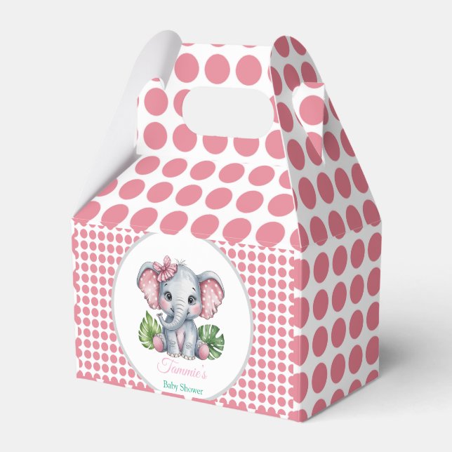 Pink Hair Bow Cute Elephant Baby Shower Favor Boxes (Front Side)