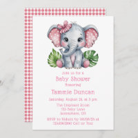 Pink Hair Bow Cute Elephant Baby Shower