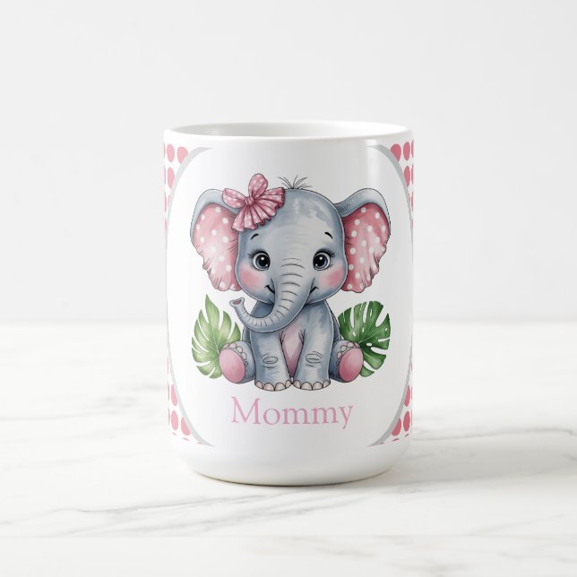Pink Hair Bow Cute Elephant Baby Shower Mommy Coffee Mug (Center)