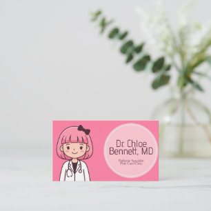 Pink Hair Cartoon Female Doctor Business Card