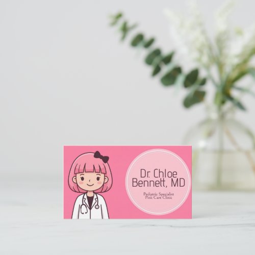 Pink Hair Cartoon Female Doctor Business Card